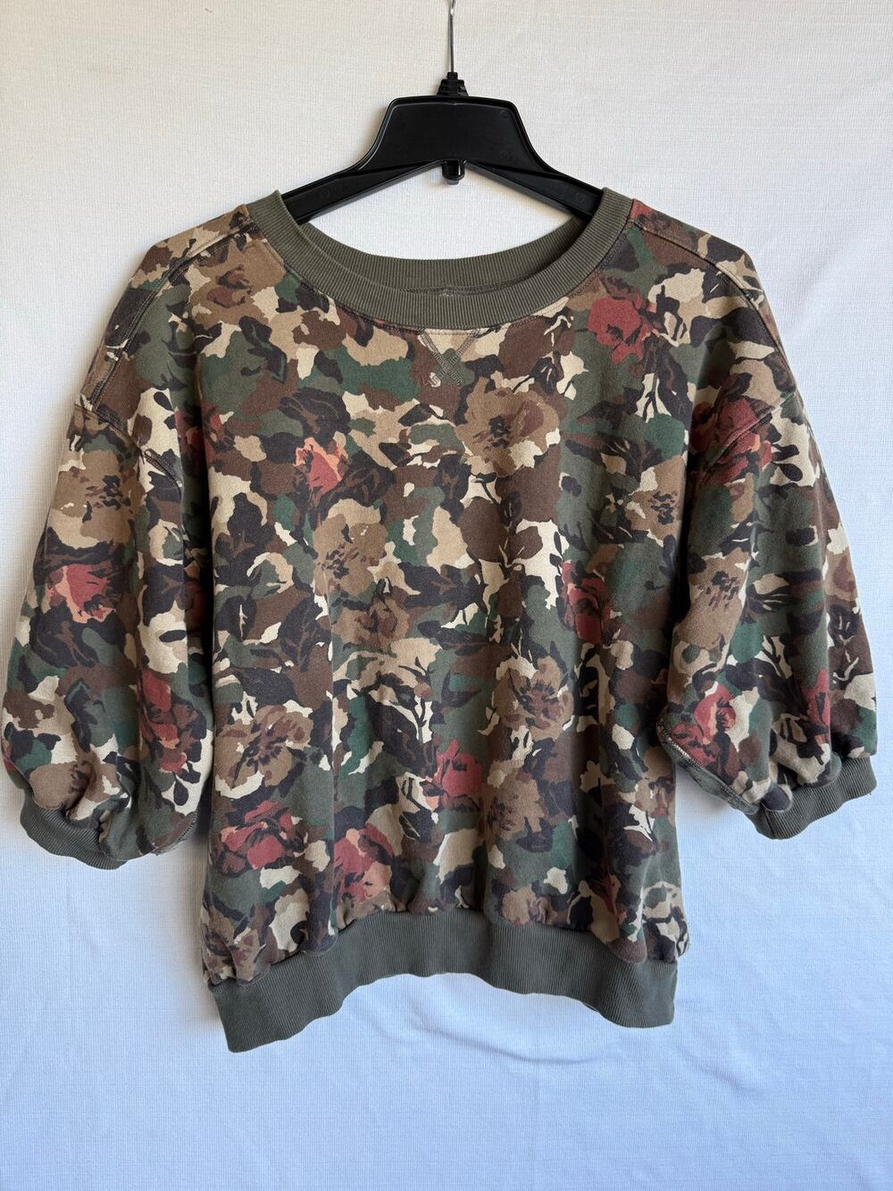 Pilcro crewneck sweatshirt featuring a camouflage and floral print